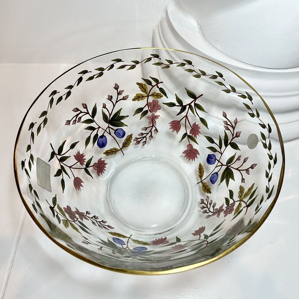 Clear Glass Serving Bowl with Pink Floral and Gold Rim